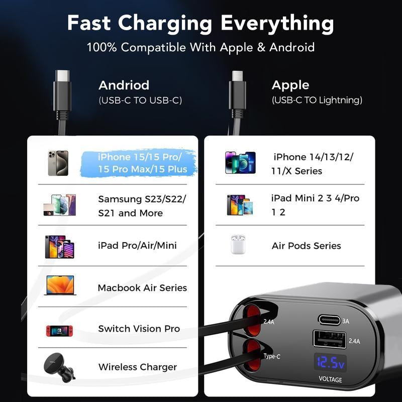 4 in 1 Retractable Car Charger, USB C Fastcharging Adapter[Max100W] with Lightningcable&Dual Charge Port Compatible with Iphone15/14/13 Pro Max Plus/Ipad/Airpods,Samsunggalaxy S23/S22/S10,Google Adjustable Cellphone