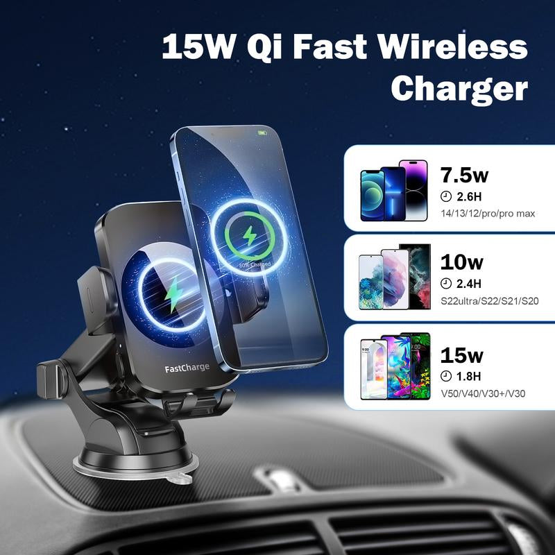 Wireless Car Charger, 15W Fast Charging 360° Adjustable Auto Clamping Car Phone Holder for Iphone 16 15 14 13 12 11 , Fits Samsung Galaxy