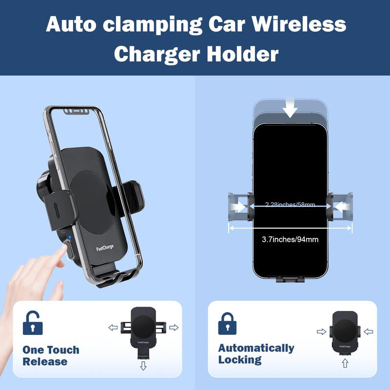 Wireless Car Charger, 15W Fast Charging 360° Adjustable Auto Clamping Car Phone Holder for Iphone 16 15 14 13 12 11 , Fits Samsung Galaxy