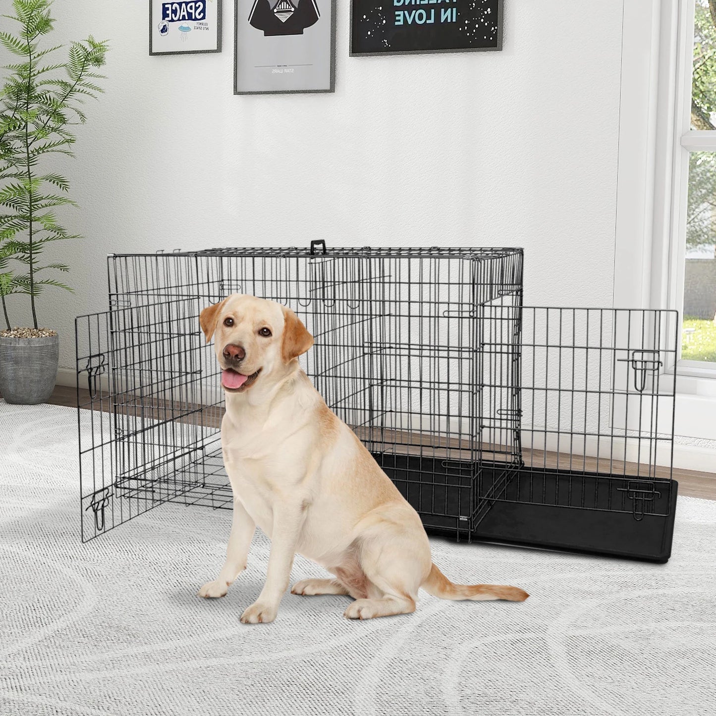 42 Inch Dog Crate, Dog Crates and Kennels Foldable Large Dog Crate for Large Dogs with Handle Double-Door Outdoor Metal Wire Dog Cage with Plastic Tray for Medium Dogs, Black